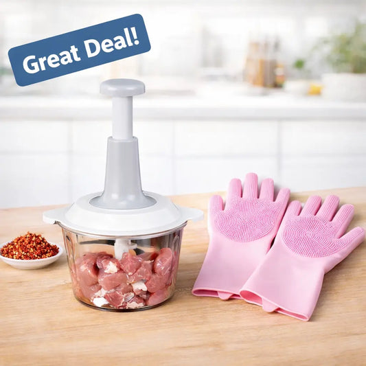 2-in-1 Kitchen Combo – Manual Food Chopper & Silicone Cleaning Gloves