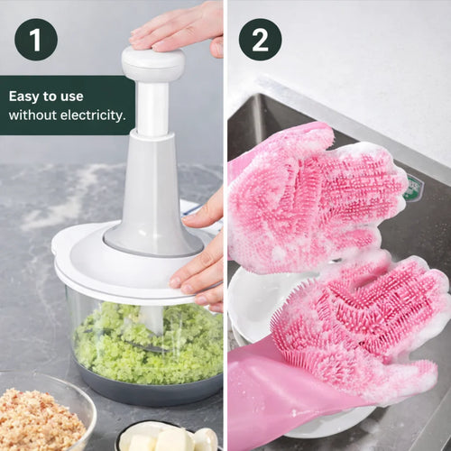 2-in-1 Kitchen Combo – Manual Food Chopper & Silicone Cleaning Gloves