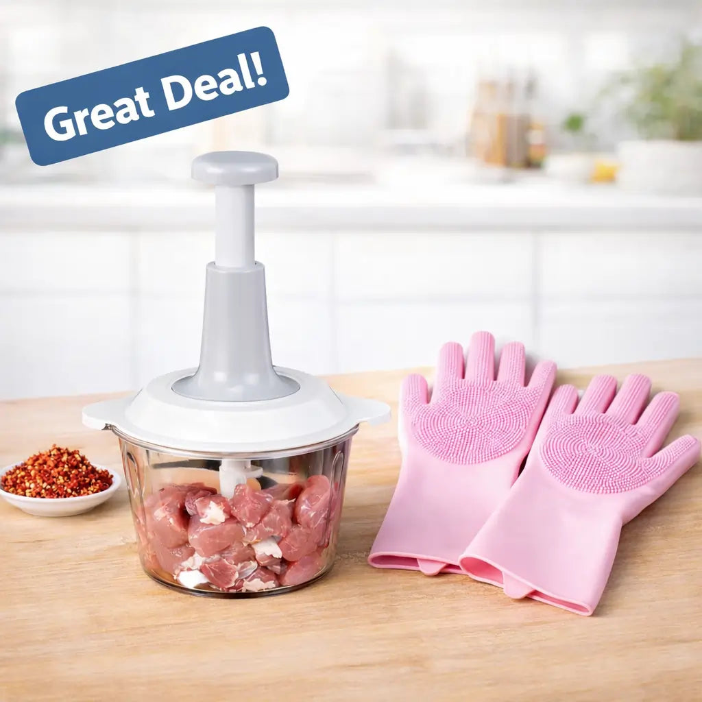 2-in-1 Kitchen Combo – Manual Food Chopper & Silicone Cleaning Gloves